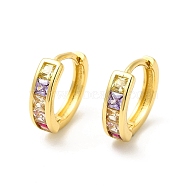 Cubic Zirconia Rectangle Hoop Earrings, Real 18K Gold Plated Brass Jewelry for Women, Cadmium Free & Nickel Free & Lead Free, Colorful, 13x14.5x2~4mm, Pin: 1mm(EJEW-E270-25G)
