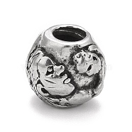 304 Stainless Steel European Beads, Large Hole Beads, Round with Human Face, Antique Silver, 10x11x9mm, Hole: 4.5mm(STAS-G256-19AS)