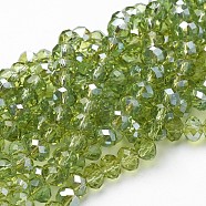 Electroplate Glass Faceted Rondelle Beads Strands, Half Plated, Yellow Green, 6x4mm, Hole: 1mm, about 85~88pcs/strand, 16.1~16.5 inch(41~42cm)(X-EGLA-D020-6x4mm-34)