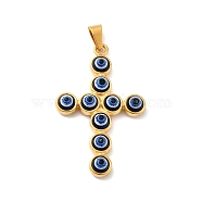 Vacuum Plating Handmade Evil Eye Resin Big Pendants, with 304 Stainless Steel Findings and 201 Stainless Steel Snap On Bails, Cross, Golden, Blue, 51.5x32x6.5mm, Hole: 9x4.5mm(STAS-F277-17G-B)