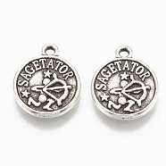 Tibetan Style Alloy Charms, Flat Round with Constellation, Cadmium Free & Lead Free,, Sagittarius, 14.5x12x2mm, Hole: 1.4mm, about 920pcs/1000g(TIBE-Q084-011AS-LF)