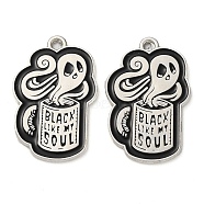 Halloween Alloy Enamel Pendants, Platinum, Coffee Cup with Ghost Charm, Black, 28x18x1mm, Hole: 1.8mm(PALLOY-Q452-04P)