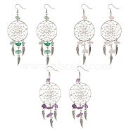 Natural Mixed Gemstone Chips & Pearl Chandelier Earrings, Alloy Woven Net/Web with Feather with Brass Pins for Women, 100x30mm(EJEW-JE05281)
