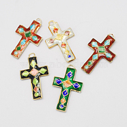 Handmade Cloisonne Pendants, Cross, Mixed Color, 36x23x4mm, Hole: 2mm(CLB-S002-43)