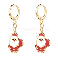 Brass Huggie Hoop Earrings for Christmas, with 316 Surgical Stainless Steel Enamel Charms, Father Christmas, Real 14K Gold Plated, Red, 35mm, Pin: 1mm(EJEW-JE04509-04)