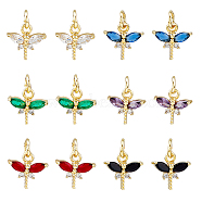 12PCS 6Colors Brass Micro Pave Cubic Zirconia Charms, Real 18K Gold Plated, Cadmium Free & Lead Free, Autumn Pendants, Dragonfly, Mixed Color, 10x10.5x3mm, Hole: 3.8mm, 2pcs/color(KK-DC0003-73)