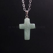 Natural Green Aventurine Pendants, with Platinum Tone Brass Findings, Cross, 25x18mm(G-PW0006-02P-05)