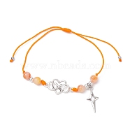 Natural Dyed White Jade Braided Bead Bracelets, Adjustable Heart Alloy Link Bracelets for Women, Orange, Inner Diameter: 3/4~3-3/8 inch(8.5cm)(BJEW-JB09823-02)