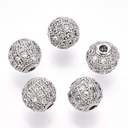 Rack Plating Brass Cubic Zirconia Beads, Long-Lasting Plated, Round, Platinum, 8x7mm, Hole: 2mm(ZIRC-S001-8mm-A02)