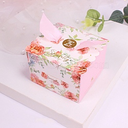 Paper Candy Boxes, with Polyester Ribbon, for Bakery Box, Baby Shower Gift Box, Square with Feather Pattern, Pink, 6.5x6.5x4.5cm(CON-TAC0005-01C)