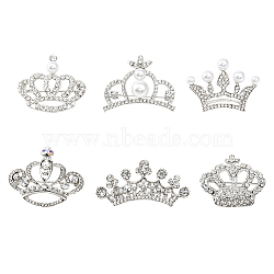 CHGCRAFT 6Pcs 6 Style Crystal Rhinestone Crown Brooch Pins with Plastic Pearl Beaded, Alloy Lapel Pins for Women, Platinum, 25~33x35~50x4.3~11.5mm, Pin: 0.8mm, 1Pc/style(JEWB-CA0001-29)