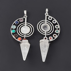 7 Chakra Natural Quartz Crystal Big Pendants, Faceted Cone Charms, with Platinum Tone Brass Findings, 69x30x13mm, Hole: 5mm(G-F733-02C)