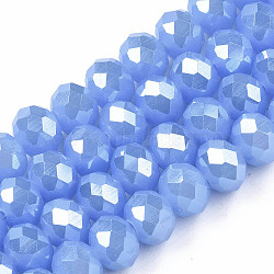 Electroplate Glass Beads Strands, Imitation Jade Beads, Pearl Luster Plated, Faceted, Rondelle, Cornflower Blue, 6x5mm, Hole: 1mm, about 84~85pcs/strand, 16.34~16.54 inch(41.5~42cm)(EGLA-A044-J6mm-A03)