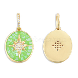 Brass Micro Pave Clear Cubic Zirconia Pendants, with Shell and Enamel, Real 18K Gold Plated, Nickel Free, Oval with Star, Light Green, 22x16x2mm, Hole: 4x6mm(KK-N227-98E)