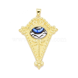 Glass Pendants, with Brass Findings, Cadmium Free & Nickel Free & Lead Free, Long-Lasting Plated, Real 18K Gold Plated, Rhombus with Eye, Light Blue, 46.5x32x9mm, Hole: 4.5x3mm(KK-M229-57G-02)