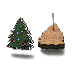 Christmas Printed Wood Stud Earrings for Women, with 316 Stainless Steel Pin, Platinum, Christmas Tree, 17x14mm, Pin: 0.6mm(EJEW-U025-01I)