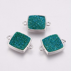 Druzy Resin Links connectors, with Brass Findings, Square, Medium Sea Green, 14x19x4mm, Hole: 1.5mm(G-F564C-09P)