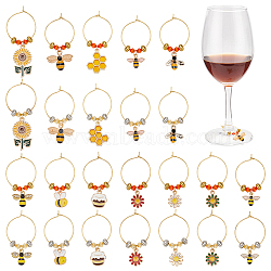 24Pcs 12 Style Alloy Enamel with Rhinestone Pendant & Brass Ring Wine Glass Charms, with Alloy & Acrylic Beads, Bee/Honey Pot/Flower, Mixed Color, 44~60mm, 2pcs/style(AJEW-AB00054)
