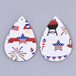 Independence Day Theme, PU Leather Big Pendants, Double Sided, teardrop, with Star Pattern, White, 56x37x1.5mm, Hole: 1.8mm(FIND-R074-03B)