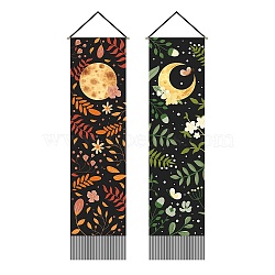 Moon & Sun Pattern Polyester Decorative Wall Tapestrys, for Home Decoration, with Wood Bar, Rope, Rectangle, Leaf Pattern, 1300x330mm, 2pcs/set(AJEW-WH0399-023)