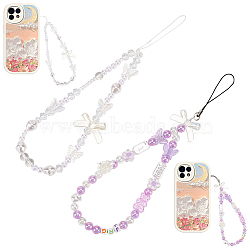 WR0001 2Pcs 2 Style Bowknot Pearl Beaded Mobile Phone Straps, Acrylic Camellia Anti-lost Beaded Phone Case Lanyard Short Hand Wrist Strap, White, 2.1~23cm, 1pc/style(AJEW-WR0001-55)
