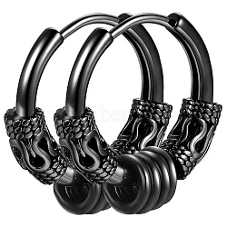 304 Stainless Steel Beaded Hoop Earrings, Dragon Pattern, Black, 14x2.5mm(PW-WG23967-08)