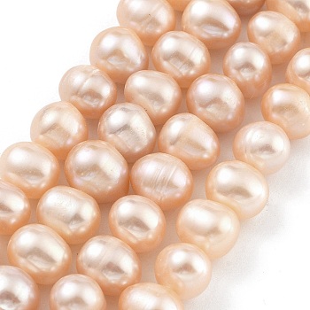 Natural Cultured Freshwater Pearl Beads Strands, Potato, Light Salmon, 8~9mm, Hole: 0.6mm, about 22~23pcs/strand, 6.50 inch(16.5cm)