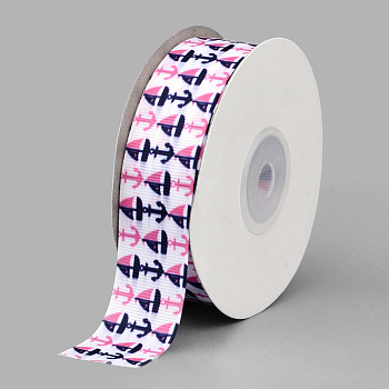 Single Face Printed Polyester Grosgrain Ribbons, Anchor Pattern, White, 1 inch(25mm), about 20yards/roll(18.288m/roll)