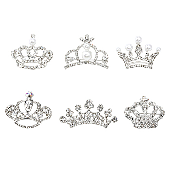 6Pcs 6 Style Crystal Rhinestone Crown Brooch Pins with Plastic Pearl Beaded, Alloy Lapel Pins for Women, Platinum, 25~33x35~50x4.3~11.5mm, Pin: 0.8mm, 1Pc/style