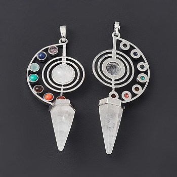 7 Chakra Natural Quartz Crystal Big Pendants, Faceted Cone Charms, with Platinum Tone Brass Findings, 69x30x13mm, Hole: 5mm