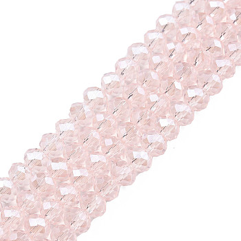 Electroplate Glass Beads Strands, Pearl Luster Plated, Faceted, Rondelle, Pink, 6x5mm, Hole: 1mm, about 83~85pcs/strand, 38~39cm