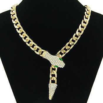 Alloy Rhinestone Snake Cuban Link Chain Necklaces for Women, Golden, 19.69 inch(50cm)