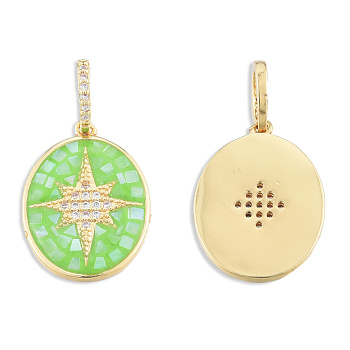 Brass Micro Pave Clear Cubic Zirconia Pendants, with Shell and Enamel, Real 18K Gold Plated, Nickel Free, Oval with Star, Light Green, 22x16x2mm, Hole: 4x6mm