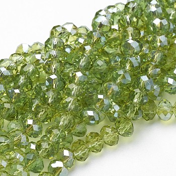 Electroplate Glass Faceted Rondelle Beads Strands, Half Plated, Yellow Green, 6x4mm, Hole: 1mm, about 85~88pcs/strand, 16.1~16.5 inch(41~42cm)