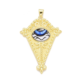Glass Pendants, with Brass Findings, Cadmium Free & Nickel Free & Lead Free, Long-Lasting Plated, Real 18K Gold Plated, Rhombus with Eye, Light Blue, 46.5x32x9mm, Hole: 4.5x3mm