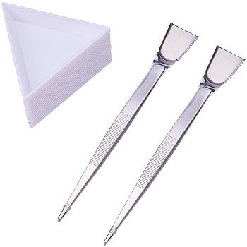 Jewelry Bead Making Tools, 304 Stainless Steel Beading Tweezers and Plastic Scoops/Shovels for Rhinestone, Stainless Steel Color, 160x24mm
