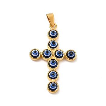 Vacuum Plating Handmade Evil Eye Resin Big Pendants, with 304 Stainless Steel Findings and 201 Stainless Steel Snap On Bails, Cross, Golden, Blue, 51.5x32x6.5mm, Hole: 9x4.5mm