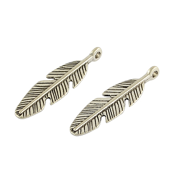 Tibetan Style Alloy Feather Pendants, Cadmium Free & Lead Free, Antique Silver, 29x8.5x3.5mm, Hole: 2mm