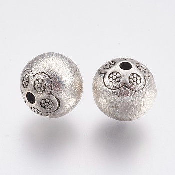 Brass Textured Beads, Round with Flower, Antique Silver, 13.5mm, Hole: 2mm
