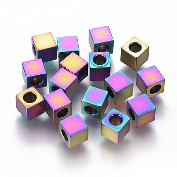Ion Plating(IP) 304 Stainless Steel Beads, Cube, Rainbow Color, 5x5x5mm, Hole: 3mm