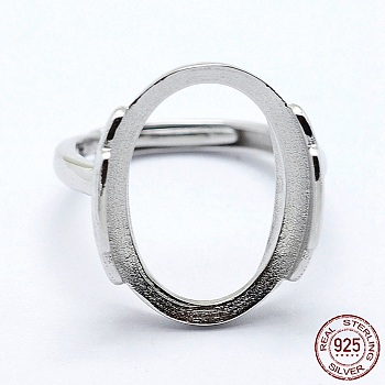Rhodium Plated 925 Sterling Silver Finger Ring Components, Adjustable, Oval, Platinum, Size 7 (17mm), 2mm wide, Tray: 15x20mm
