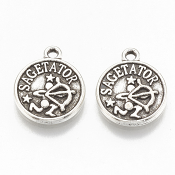 Tibetan Style Alloy Charms, Flat Round with Constellation, Cadmium Free & Lead Free,, Sagittarius, 14.5x12x2mm, Hole: 1.4mm, about 920pcs/1000g