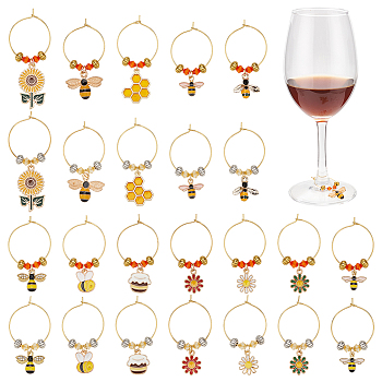 24Pcs 12 Style Alloy Enamel with Rhinestone Pendant & Brass Ring Wine Glass Charms, with Alloy & Acrylic Beads, Bee/Honey Pot/Flower, Mixed Color, 44~60mm, 2pcs/style
