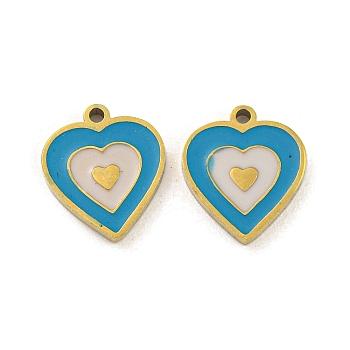 316 Surgical Stainless Steel Enamel Charms, Heart Charm, Golden, Deep Sky Blue, 10x9x1.5mm, Hole: 1mm