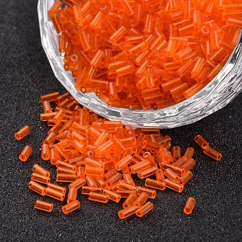 Transparent Colours Round Hole Glass Bugle Beads, Orange Red, 3~5x1.8~2mm, Hole: 0.8mm, about 12000pcs/450g