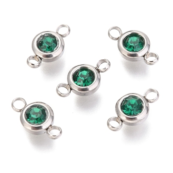 304 Stainless Steel Rhinestone Links Connectors, Flat Round, Stainless Steel Color, Lt.Emerald, 12x6.5x4mm, Hole: 2mm