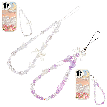 WR0001 2Pcs 2 Style Bowknot Pearl Beaded Mobile Phone Straps, Acrylic Camellia Anti-lost Beaded Phone Case Lanyard Short Hand Wrist Strap, White, 2.1~23cm, 1pc/style