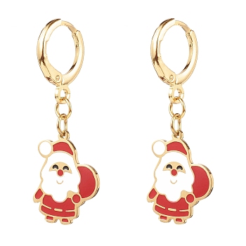 Brass Huggie Hoop Earrings for Christmas, with 316 Surgical Stainless Steel Enamel Charms, Father Christmas, Real 14K Gold Plated, Red, 35mm, Pin: 1mm
