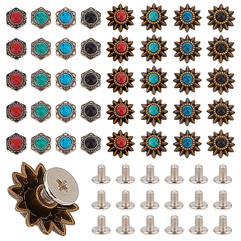 40 Sets 8 Style Alloy Coin Screw Rivets, DIY Leather Craft Nail, with Resin Imitaiton Turquoise, Flower, Mixed Color, 1.3~1.4x1.15~1.4x0.5~0.65cm, Hole: 2.5mm, 5 sets/style
