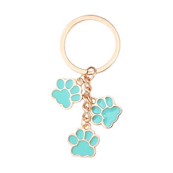 Alloy Enamel Keychains, Paw Print, with Iron Rings, Turquoise, 70mm